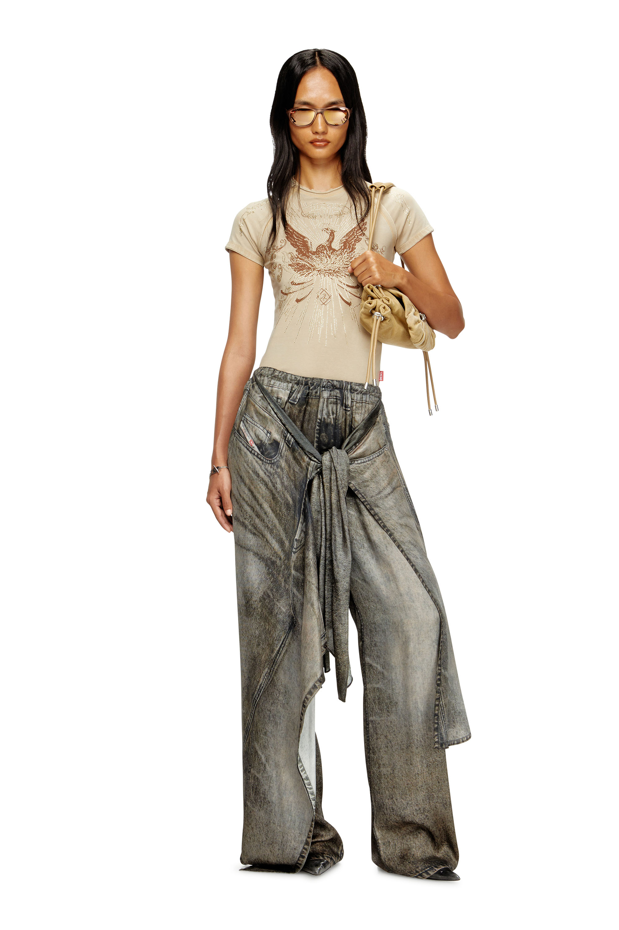 Diesel - T-ROWEENA, Damen Phoenix-T-Shirt mit Strasssteinen in Hellbraun - 2
