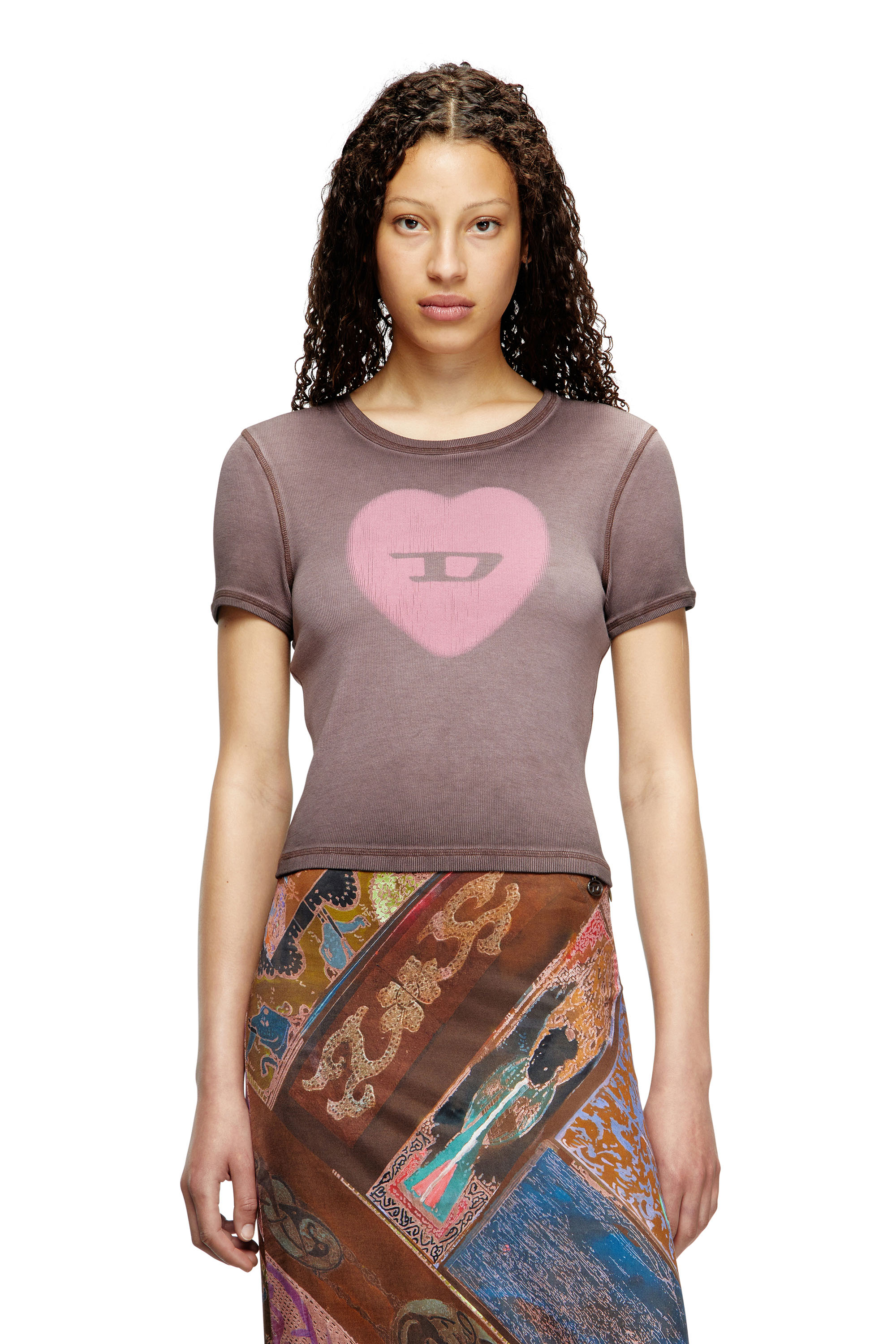 Diesel - T-ELE, Damen Geripptes T-Shirt mit Herz D-Wasserfarbe-Effekt in Violett - 1